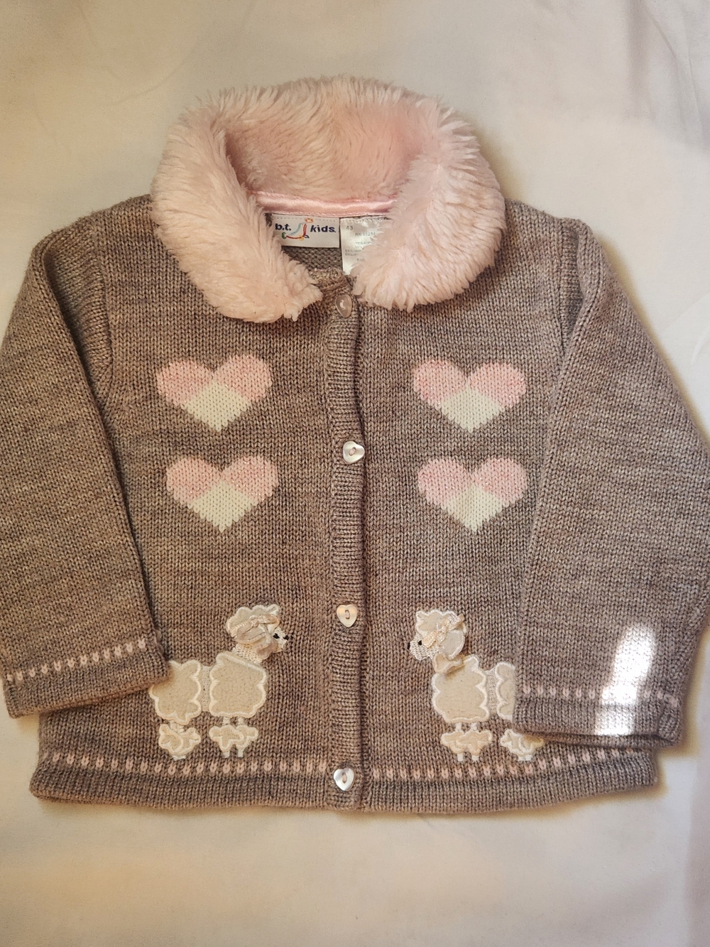 Girls Taupe Knit Cardigan with Pink Faux-Fur Collar by b.t. kids, S-18mons, GUC